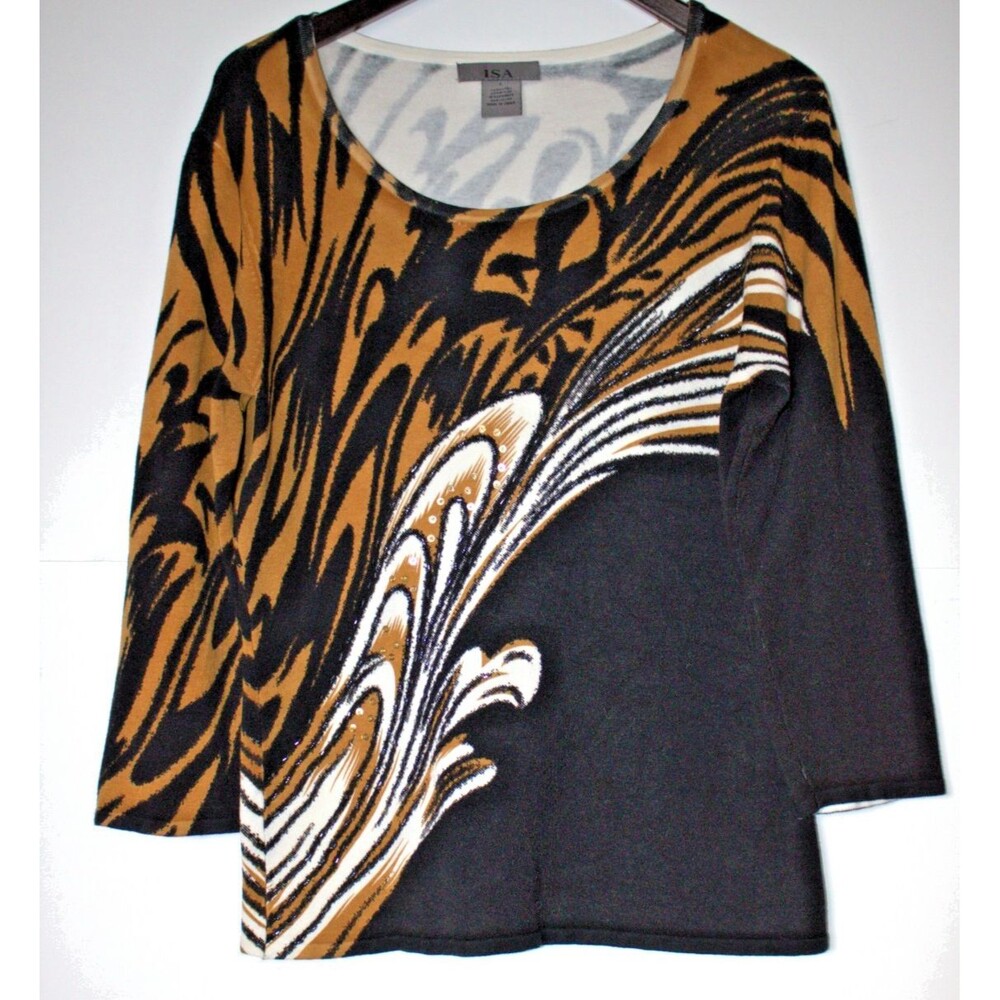 ISA‎ Size Large Beaded Sequin Graphic Tiger Print Knit Pullover Sweater